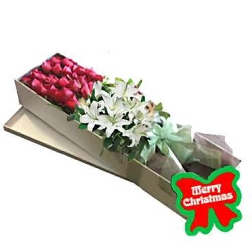 Holiday Flowers Box (12 Roses + 3 Lilies stems)